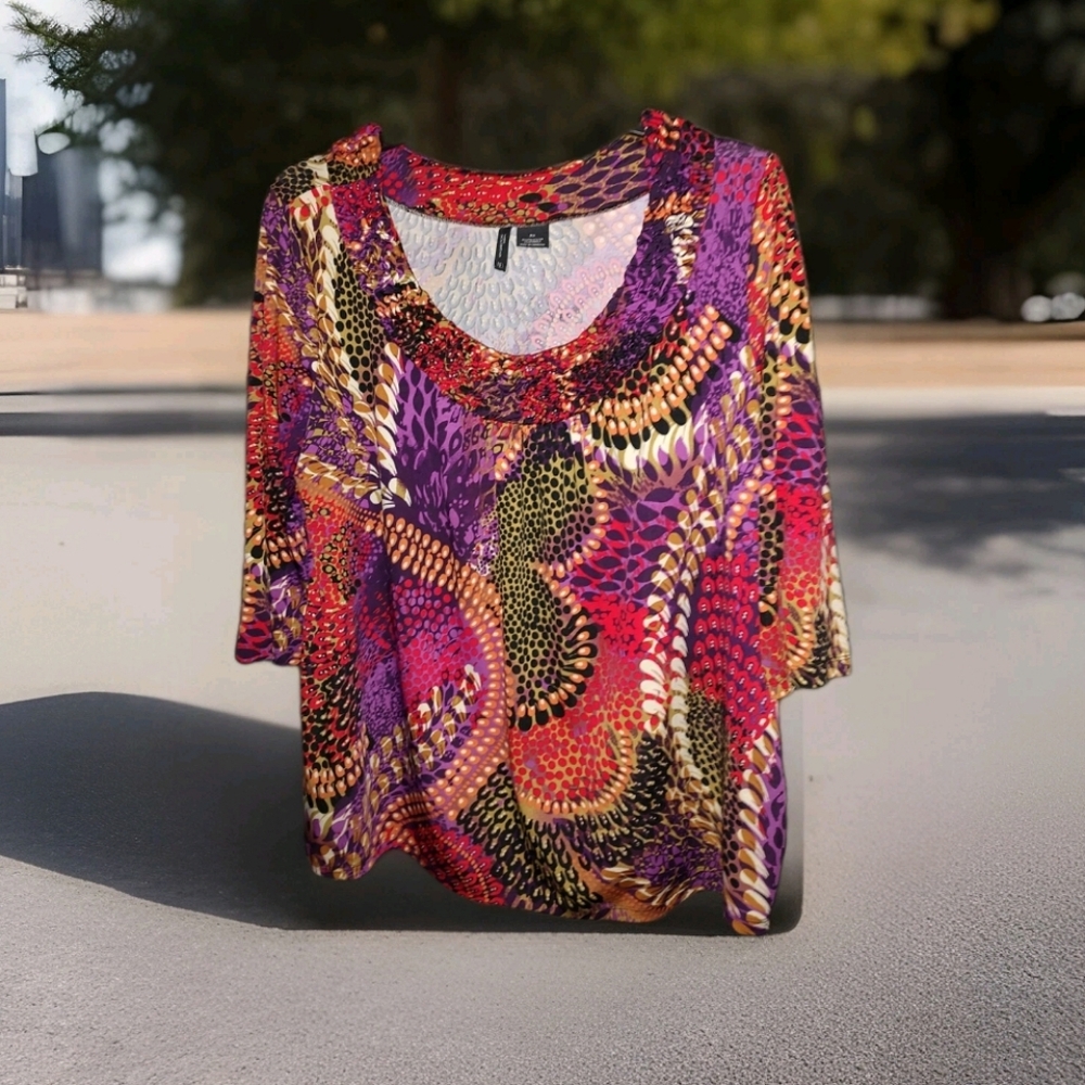 New Directions Feather Animal Print 3/4 Sleeve Pre-owned 3X Multicolored Festive